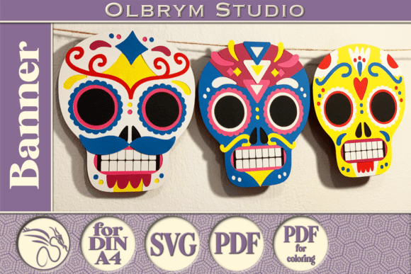Mexican Skulls Banner Party SVG PDF for 3D SVG Pop-Up Cards